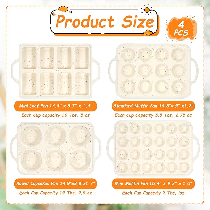 SHENLIU 4 Pcs Silicone Baking Pan Set, Mini Muffin Pan For Baking With Metal Reinforced Frame, Nonstick Loaf, Mini Muffin, Round Pans, Cupcake Baking Pans Molds for Oven, Dishwasher Safe Brownie Pan