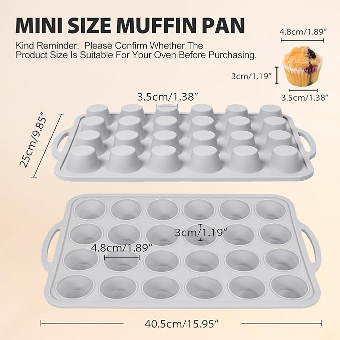 3Pcs Silicone Muffin Pan 6, 12 and 24 Cup with Metal Frame, Non Stick Jumbo Cupcake Pan with Handles, BPA Free Silicon Mini Muffin Tin Regular Tray For Baking,Egg Bites,Mold Light Grey