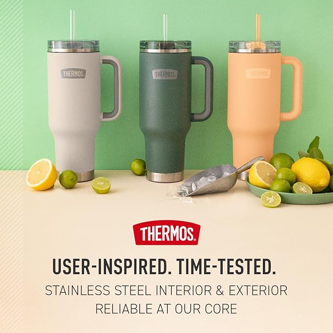 THERMOS Stainless Steel Cup Holder Mug - 40 Ounce, Glacier - Insulated Tumbler with Lid and Straw, Plus Leak-Resistant Slide Lock