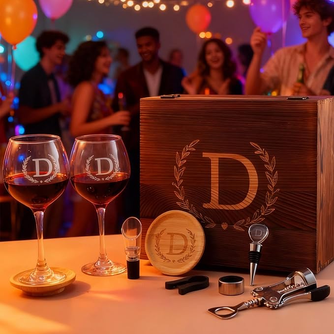 GZLDGIFTS Personalized Initial Wine Glasses Box Gift Set for Women Mom Engraved Birthday Monogrammed Wooden Wedding Anniversary Wine Couples Stopper Opener Initial Letterr (P Set)