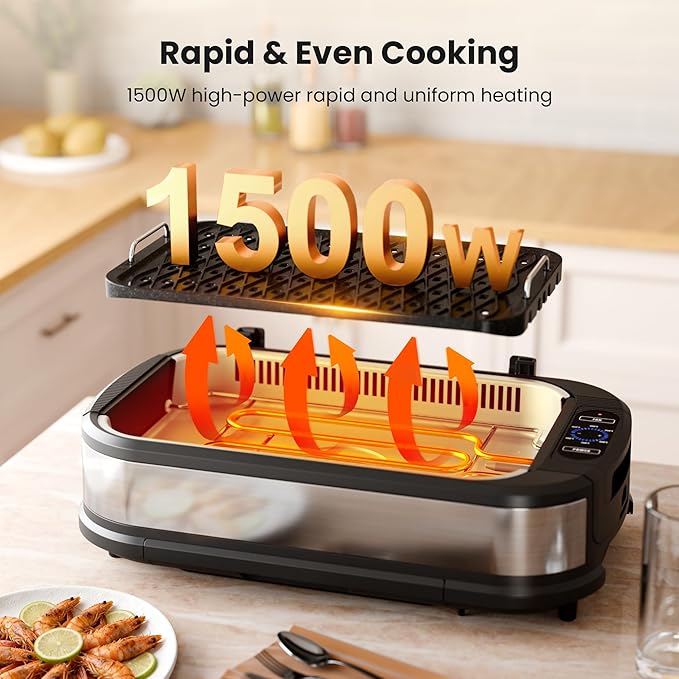 Kismile Smokeless Indoor Grill, 1500W Electric Grill Indoor with Tempered Glass Lid, Non-Stick Korean BBQ Grill with 6-Level Temp Control, Dual-Turbo Smoke Extractor, Drip Tray & Dishwasher-Safe Parts