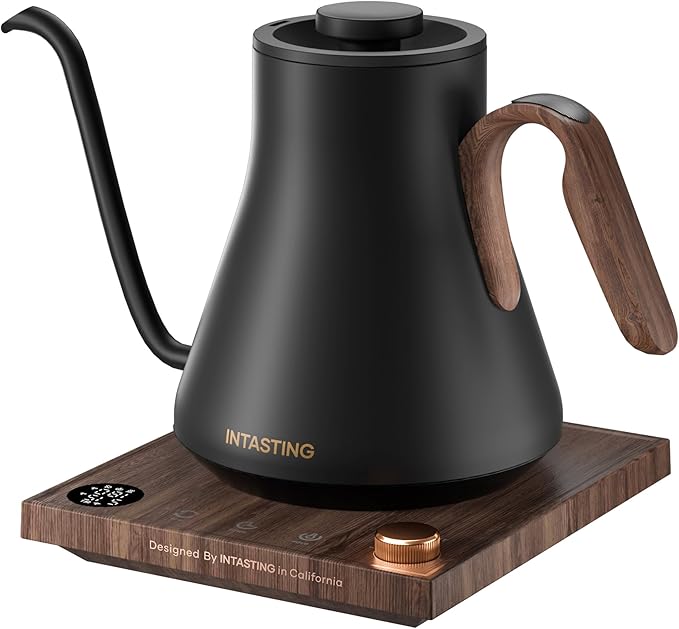 INTASTING Electric Kettle, Gooseneck Electric Kettle, ±1℉ Precise Temperature Control, Stainless Steel Interior, Quick Heating for Pour Over Coffee, Tea & Boiling Water, 0.9L (Onyx Black)
