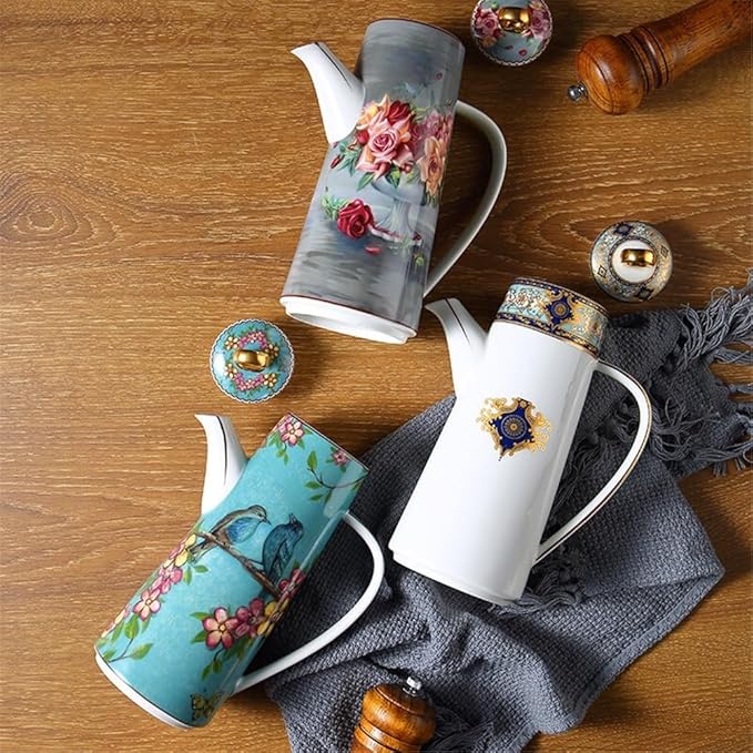 Water Pitcher Ceramic Teapot With Lid Water Pitcher Kitchen Butter Bottle Flower & Bird Finished Wedding Gifts Party Presents 650ML Glass Pot(Green)