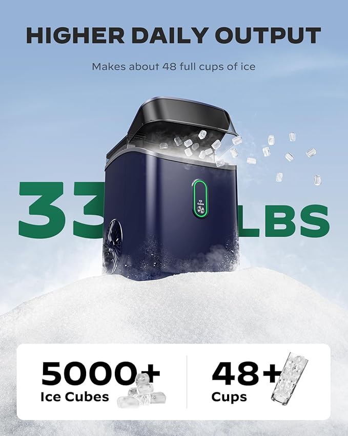 Nugget Ice Maker Countertop, Pebble Ice Maker with Crushed Ice, One-Click Operation Ice Machine with Self-Cleaning, 33lbs/24H for Home, Kitchen, Office, Blue