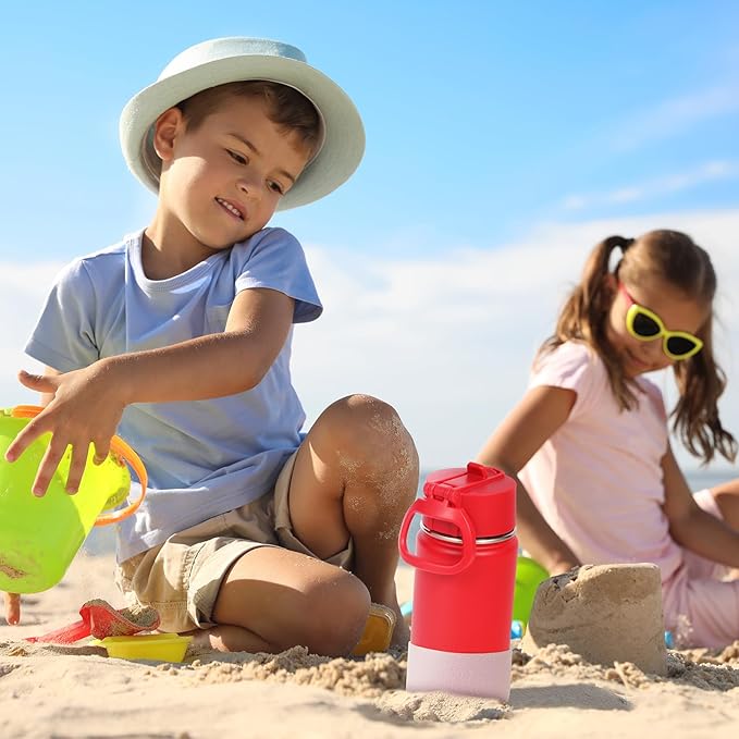 Volhoply 14oz KIds Water Bottle with Straw Lid and Silicone Boot Bulk 6 Pack,Stainless Steel Insulated Cups for Boys & Girls Multipack,Double Wall Vacuum Leakproof Bottles(Red,6)