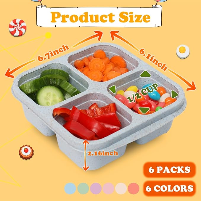 4 Pack Meal Prep Containers, 4 Compartment Bento Snack Boxes, Reusable Divided Lunch Box Containers for Adults, Kids, Toddlers, Travel, Work, School