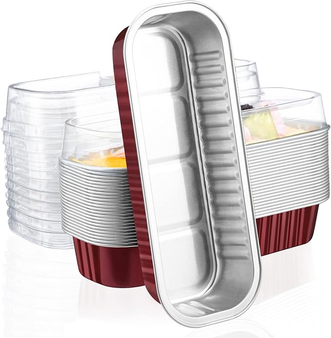 EUSOAR Mini Loaf Pans with Lids, 25pcs 6.8oz 6.5"x2.5"x1.2" Disposable Aluminum Foil Ramekins Cupcake Liners Tin with Lids，Cupcake Baking Cups Containers, Cheesecake Creme Brulee Ramekins Pan-Wine Red