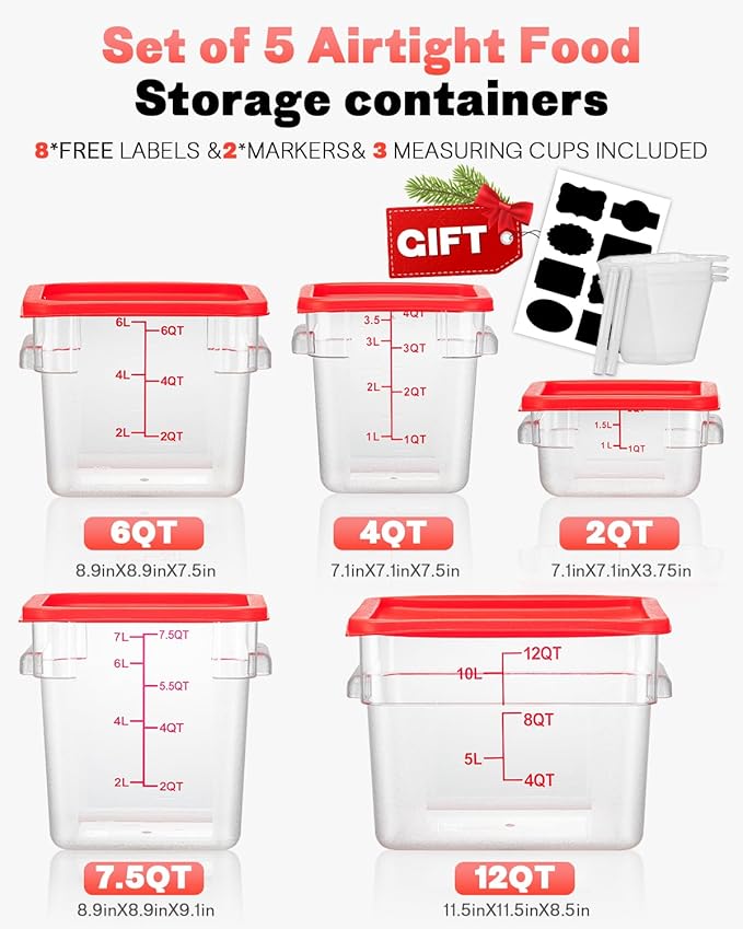2QT4QT NSF Food Storage Containers: 6PCS [Food Grade][Hot&Cold Resistant] Commercial Clear Food Storage Containers with Lids for Restaurant Kitchen Proof Dough, Measuring Spoons Included(Red N)