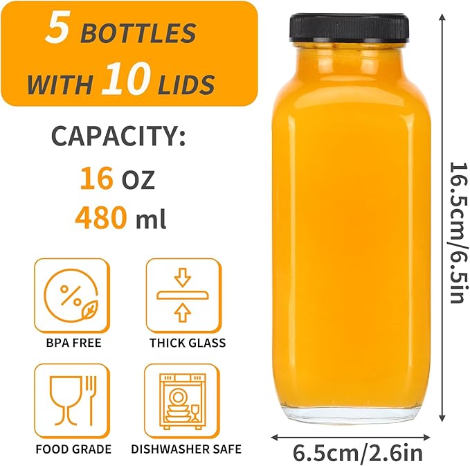 CUCUMI 5pcs 16oz Glass Juice Bottles with Lids, Reusable Juice Containers Drinking Jars Water Cups with Brush, Glass Straws, Lids with Hole