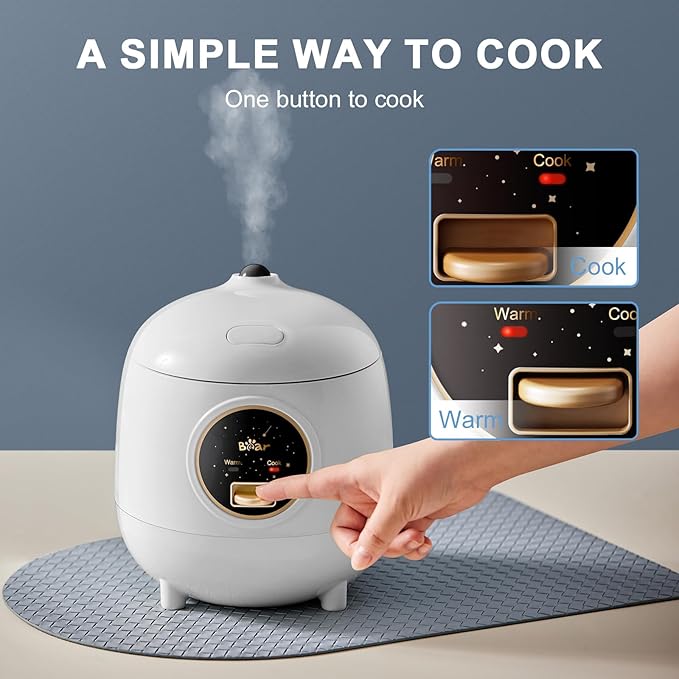 Bear Mini Rice Cooker 2 Cups Uncooked, 1.2L Portable Non-Stick Small Travel Rice Cooker, BPA Free, One Button to Cook and Keep Warm Function, White