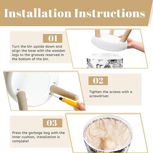 Trash Can with Lid Intricate Rooster Sunflower Black White Press Top Round Small Garbage Bin with Wooden Legs Waste Basket for Kitchen Bedroom Nursery 7L/1.8 Gallon