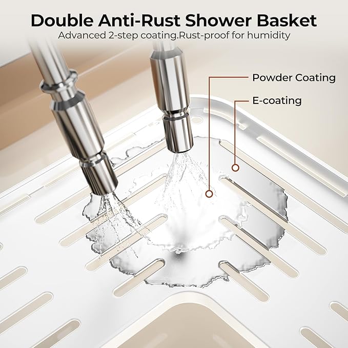Orimade Rustproof 4 Tier Floor Standing Corner Shower Caddy Organizer with Toothbrush Holder, Large Spacing Floor Shower Shelf Rack Storage Stands with Hooks for Bathroom Kitchen, White