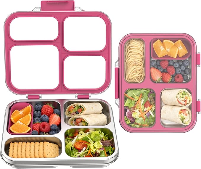 Stainless Steel Bento Box for Kids with Silicone Container, 4 Compartment Metal Lunch Box Kids Adults, Removable Silicone Seal & Clear Lid, Leak Proof Food Storage Container for Meal(Pink)