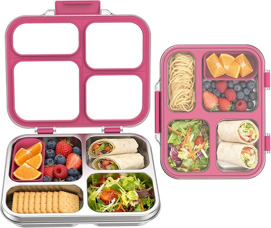Stainless Steel Bento Box for Kids with Silicone Container, 4 Compartment Metal Lunch Box Kids Adults, Removable Silicone Seal & Clear Lid, Leak Proof Food Storage Container for Meal(Pink)