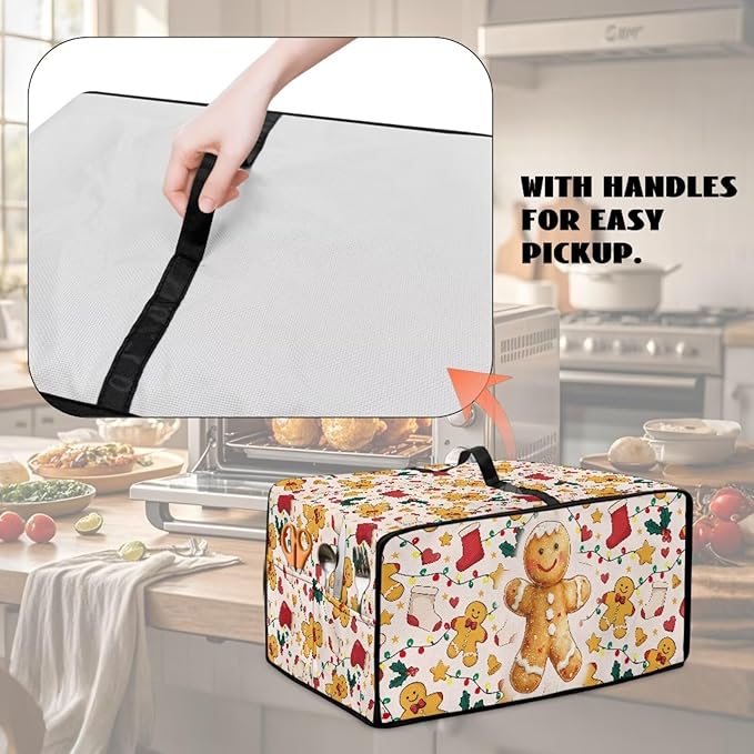 Countertop Convection Oven Cover Dust-Proof Toaster Oven Cover with Accessories Pockets, Countertop Convection Oven Protector, M, Gingerbread Man Christmas String Lights