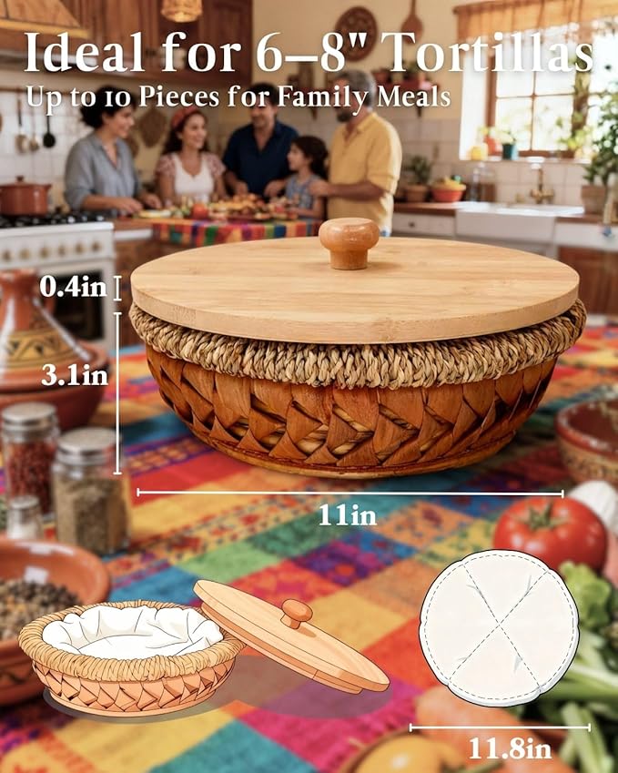 Rattan Weaving Tortilla Warmer Basket with Wooden Cover, 9.6" x 3.15" Natural Tortilla Holder with Cotton Liner, Handmade Basket for Tortillas, Roti, Pancake & Flatbread (Classic Brown)