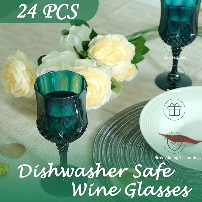 Plastic Wine Glasses, Plastic Goblets Vintage Style Cordial Unbreakable Drinking Glasses, Reusable Drinkware for Wedding Reception, Grand Event Party Supplies (24, Green)