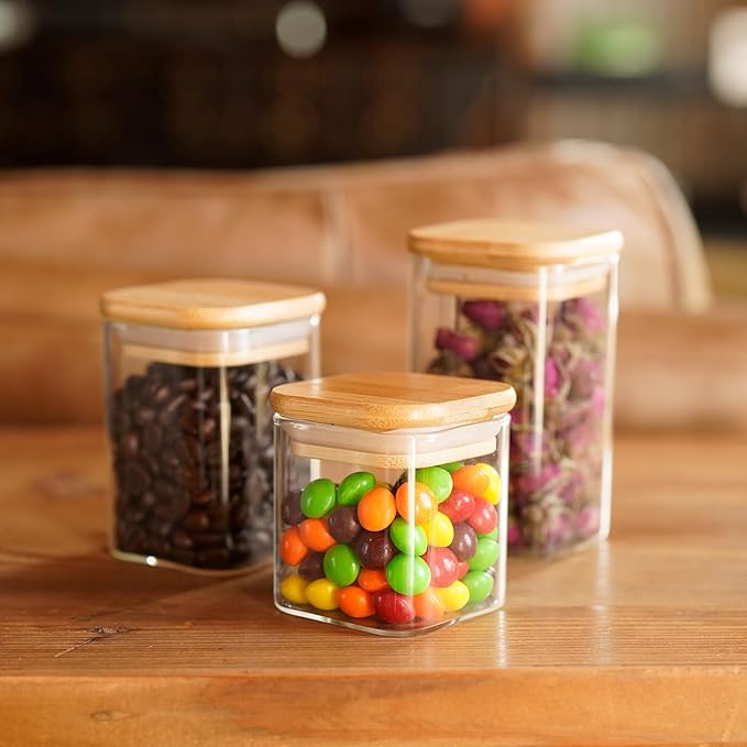 SHOWIN Glass Food Storage Jars Square 4oz, 12 Pack Glass Jars With Bamboo Lids, Kitchen Storage Containers For Spice, Candy, Cookie, Storage For Pantry Organizers