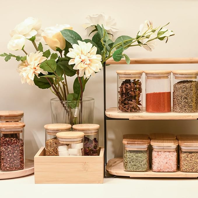 SHOWIN 8oz Glass Food Storage Jars, Glass Jars with Bamboo Lids, Kitchen Storage Jars, Set of 12, Canisters with Airtight Lids for Spice, Coffee, Cookie, Pantry Organizers