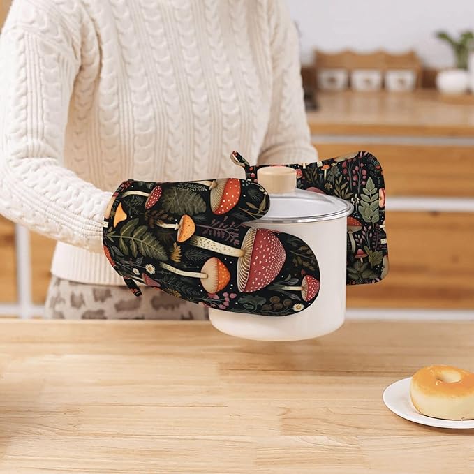 Oven Mitts and Pot Holders Mushroom Botanical Leaf Vintage Silicone Kitchen Accessories Set of 4 Heat Resistant Long Gloves Potholder Non-Slip Grip for Chef Cooking Baking Grilling BBQ