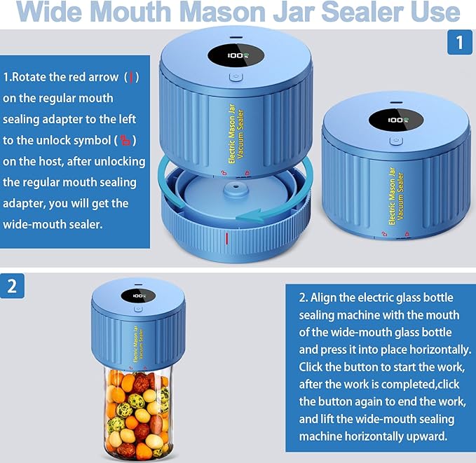 LOVE MOMENT Electric Mason Jar Vacuum Sealer Kit for Wide Mouth and Regular Mouth Mason Jar - Blue