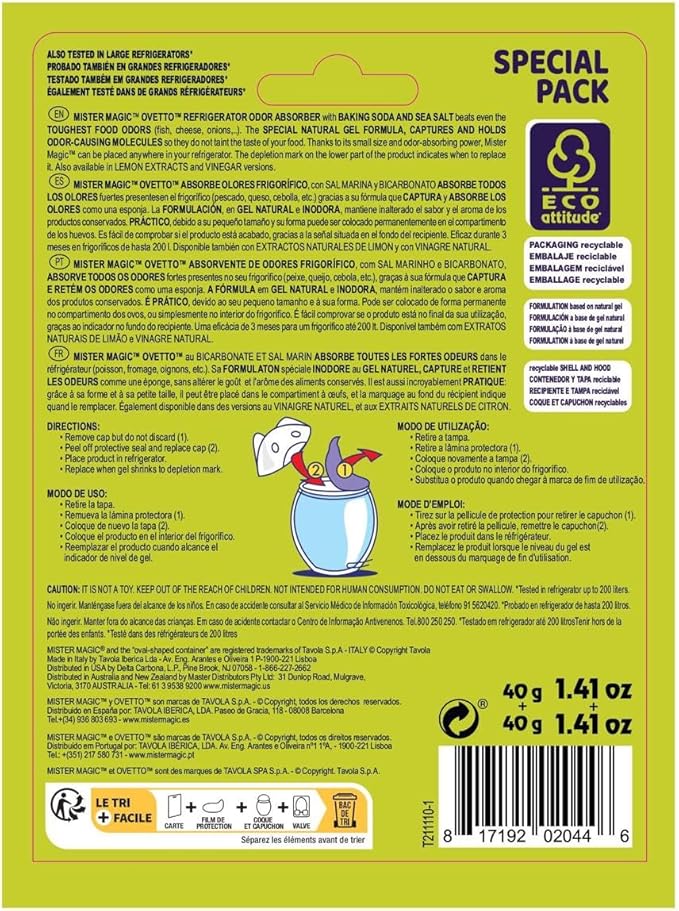 Mister Magic Refrigerator Odor Absorber – Baking Soda Formula Gel, Odorless Fridge Deodorizer, Neutralizes Food Odors, Lasts Up to 90 Days, Safe for Food, Kitchen Supplies (1 Pack, Contains 2 Units)