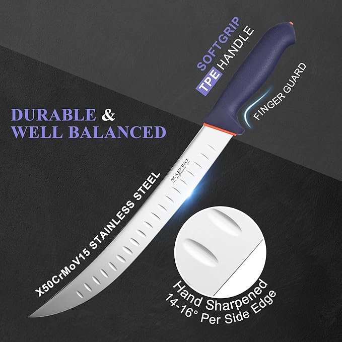 12 Inch Carving Knife, Brisket Slicing Knife with Granton Edge, X50CrMoV15 Stainless Steel Butcher Knife for Meat Cutting, BBQ & Turkey