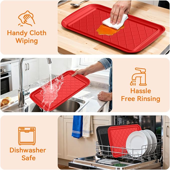 Serving Trays for Party - Set of 6, Large Serving Platters for Raw and Cooked Food, Dishwasher Safe, 17×10.5-inch Stackable Plastic Party Supplies for Grilling, BBQ, Meal Prep (Red, Black)