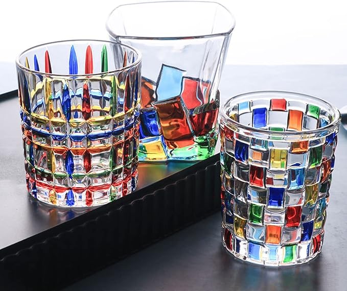 Colorful Drinking Glasses, Hand Painted Colored Water Glasses, Multicolor Water Glasse,Whiskey Wineglass Glasses,Tumbler Glasses (Weave)