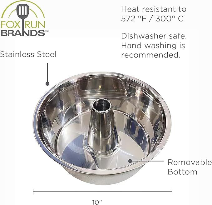 Fox Run Angel Food Cake Pan, Stainless Steel Tube Cake Pan With Removable Bottom, Round 10" x 5"