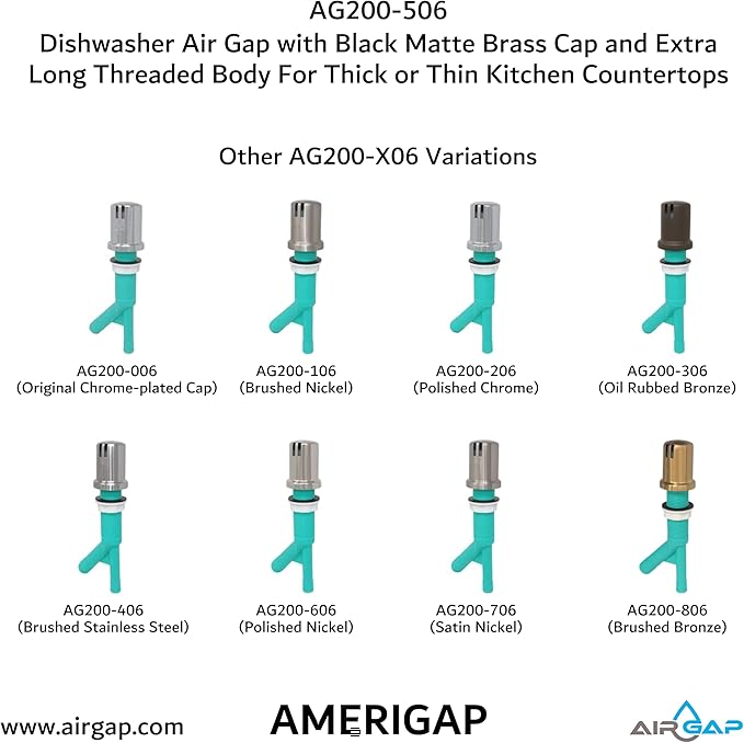 Dishwasher Air Gap with Skirted Black Matte Brass Cap and Extra Long Threaded Body for Thick or Thin Kitchen Countertops (AG200-506, AG200-X06, AMERIGAP)