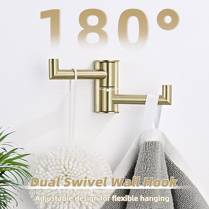 APLusee Brushed Gold Double Swivel Towel Hook, 304 Stainless Steel Foldable Towel Hanger, Space-Saving Wall Hook for Bathroom Kitchen RV