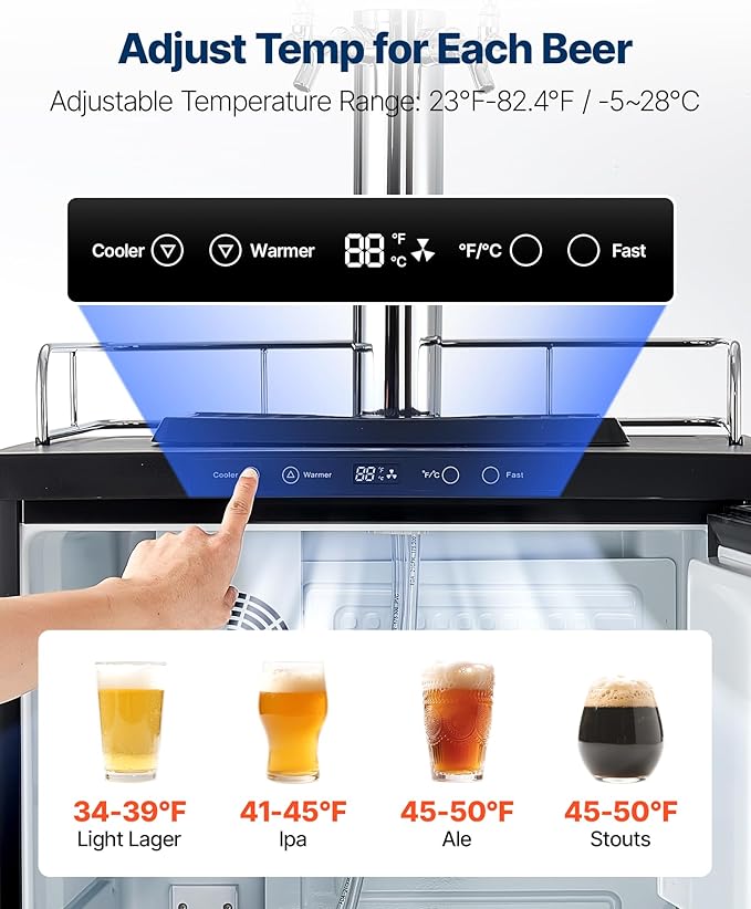 VEVOR Beer Kegerator, Dual Tap Home Draft Beer Dispenser for Ball Lock, Full Size Keg Refrigerator with 5lbs CO2 Tank, Hold 2 Sixth / 2 Slim / 3 Ball lock keg, 162L