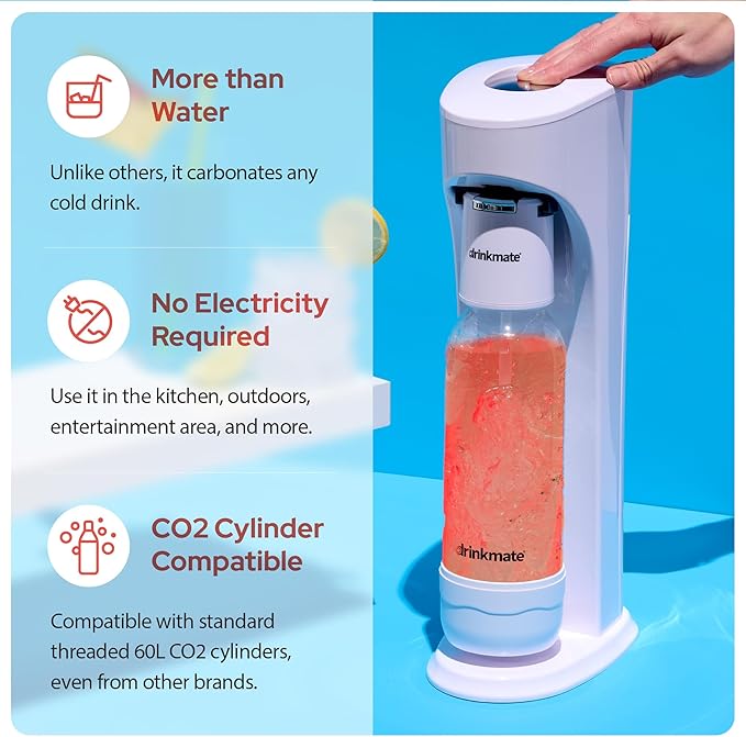 Drinkmate OmniFizz Sparkling Water Maker & Soda Streaming Machine | Carbonates Any Drink | STARTER KIT | Includes One 60L CO2 Cartridge + One BPA-Free Bottle (Classic White)