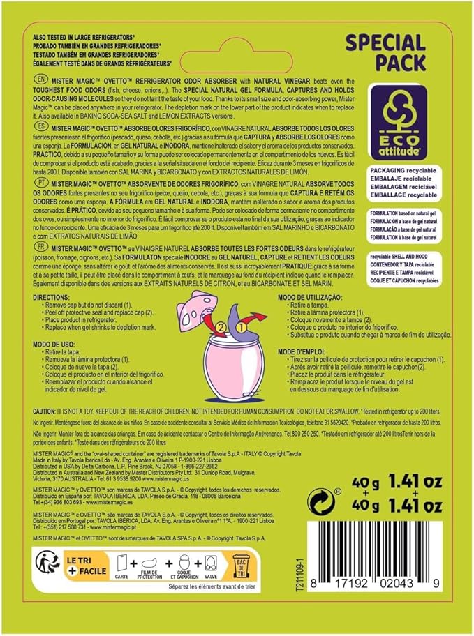 Mister Magic Refrigerator Odor Absorber – Natural Vinegar Formula Gel, Odorless Fridge Deodorizer, Neutralizes Food Odors, Lasts Up to 90 Days, Kitchen Supplies (1 Pack, Contains 2 Units)