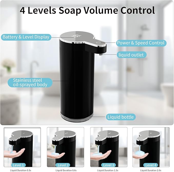 Automatic Liquid Soap Dispenser, 304 Stainless Steel Bottle Body &12 oz/350ml Rechargeable, 4 Adjustable Liquid Levels, IPX5 Waterproof for Bathroom,Kitchen,Hotel(Stainless Steel for Liquid Soap)