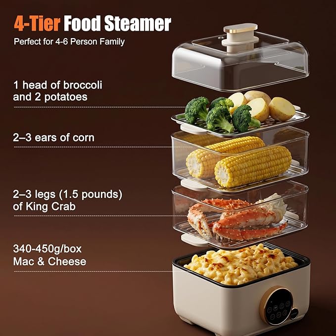 Kawu 16 Quart Food Steamer for Cooking, 4-Tier Electric Vegetable Steamer Hot Pot with Stainless Steel Tray, 1100W Fast Heating, 12H Timer, Keep Warm, Digital Steam Cooker for Grains, Meat & Sea Food