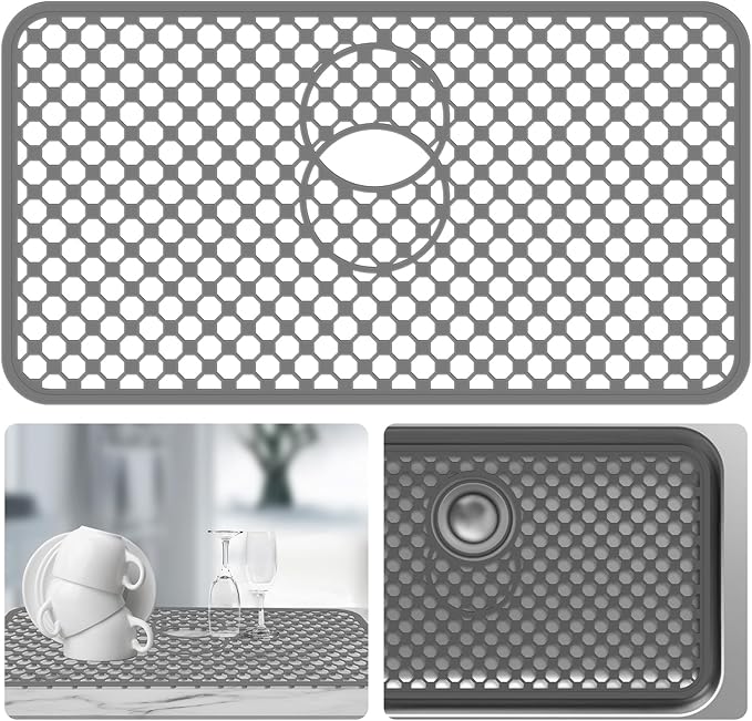 Sink Protectors for Kitchen Sink - Large 26.2"x 14" with Center Drain Hole Heat Resistant Easy Clean Non-slip Silicone Kitchens Sinks Mat for Bottom of Kitchen Sinks Stainless Steel(Grey)-66.5x35.6CM