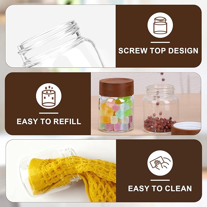 5oz Glass Jars with Wood Lids, 2 Pack 160ml Clear Glass Mason Jars with Airtight Wooden Lids, Screw Top Coffee Canister, Kitchen Pantry Storage Containers for Sugar, Spice, Tea, Candy, Nuts
