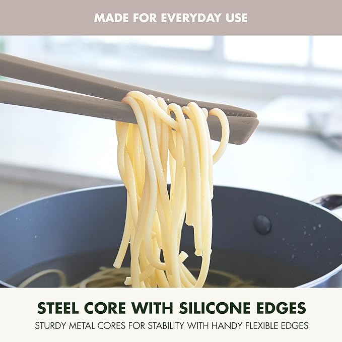 GreenPan Silicone Tong, Cooking Grilling Serving, Salad, Kitchen Utensil, Flexible Rubber Nonstick Cookware, Rigid Steel Core, Heat-Resistant, Anti-Slip Handle, BPA-Free, Dishwasher Safe, Taupe
