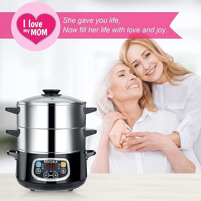 Secura Electric Food Steamer, Vegetable Double Tiered Stackable Baskets with Timer 1200W Fast Heating Stainless Steel Digital Steamer 8.5 Quart