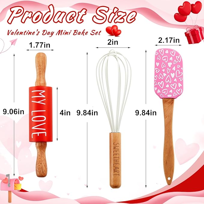 Fuutreo Valentines Holiday Mini Bake Set with Mini Spatula, Whisk and Rolling Pin, Sweetheart Pattern, Heat Resistant, Valentine Sweet Gift Bake Set for Baking Cooking Sauteing Mixing Serving Stirring