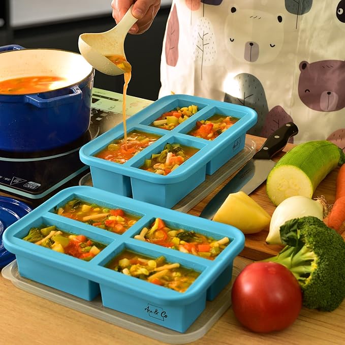 2 Pack Silicone Freezer Trays with Lids, BPA Free Soup Freezer Containers, 1 Cup Silicone Freezer Molds for Soup, Broth, Sauce and Ice