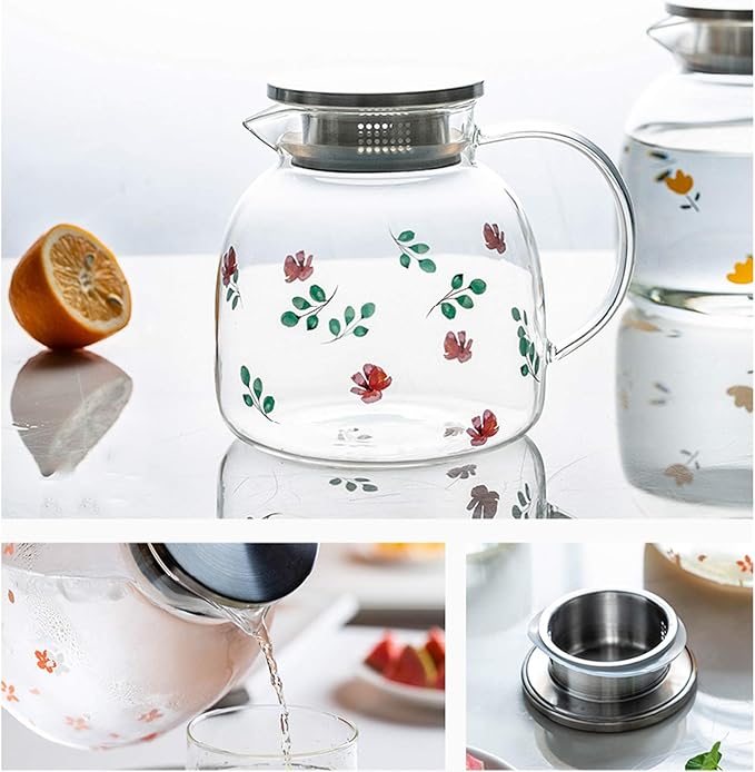 Pitcher 50 Oz Glass Pitcher With Stainless Steel Filter Cover Glass Carafe Is Made of Borosilicate Material Can Stand High Temperature Hot/Cold Water Carafe
