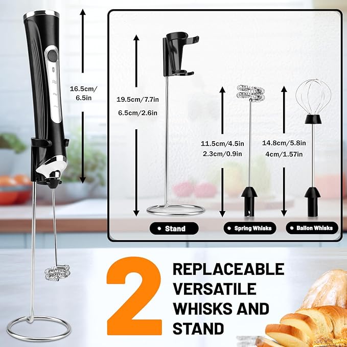 TonJin Milk Frother USB C Rechargeable New Upgraded Handheld Frother Wand with 2 304 Stainless Whisks 1 Stand, 3 Speeds Electric Coffee Whisk Frother for Lattes, Cappuccino, Egg, Matcha, Black