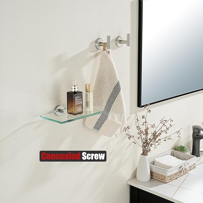 JQK Bathroom Glass Shelf, Tempered Glass Shower Storage 8 by 5 inches, 304 Stainless Steel Brushed Finish Wall Mount 2 Pack, TGS101L8-BN-P2