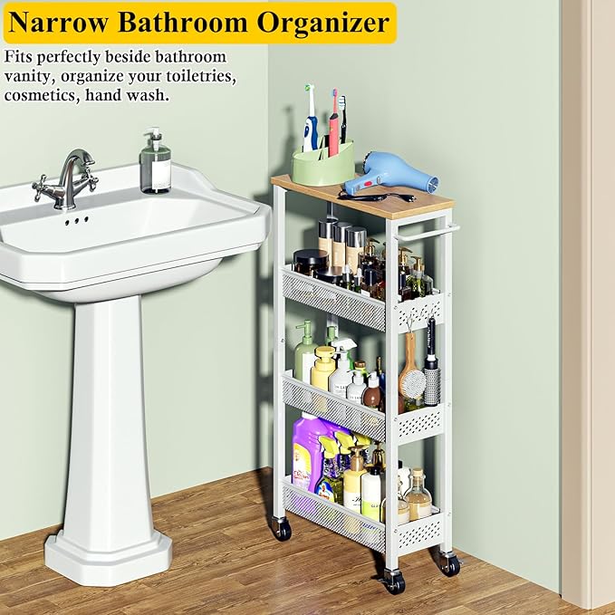 OKZEST Utility Slim Storage Cart, 4 Tier Small Rolling Kitchen Laundry Room Cart with Wood Top, Metal Narrow Bathroom Storage Cabinet Mobile Shelf Unit Organizer Trolley with Handle for Narrow Space