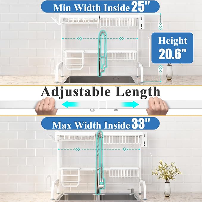 Over The Sink Dish Drying Rack, Adjustable (25.5 to 36.5 inch) 2 Tier Metal Steel Dish Drying Racks for Kitchen Counter with Hooks Paper Towel Utensil Cup Holder Sink Caddy (White)