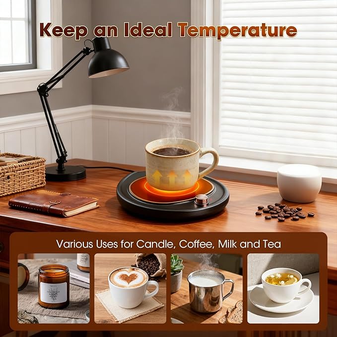 Coffee Mug Warmer - Large Candle Warmer Plate, 2-Temp Setting (131℉ & 113℉) & Fast Heating, Elegant Desk Warmer for Coffee/Tea/Milk/Candle, Ideal Office Home Gift (Black)