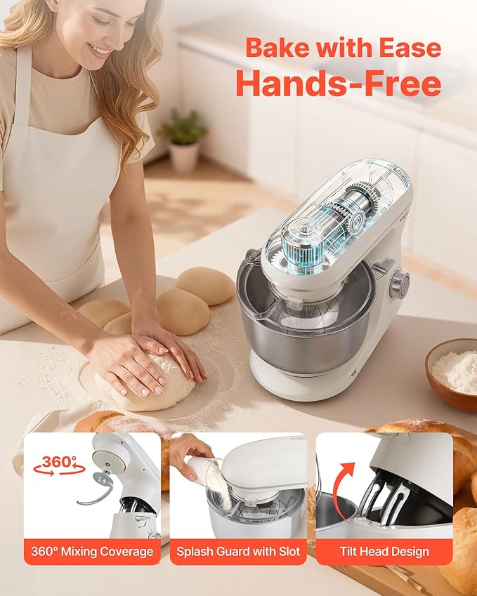 VEVOR Stand Mixer, 6 QT Dough Mixer, 660W 6 + P Speeds Tilt-head Food Mixer with Stainless Steel Bowl, Dough Hook, Wire Whip, Flat Beater, Scraper, Household Stand Mixer for Baking & Mixing, White